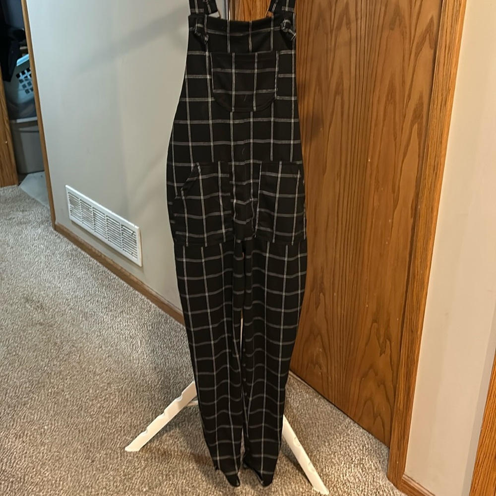 Black and white plaid overalls